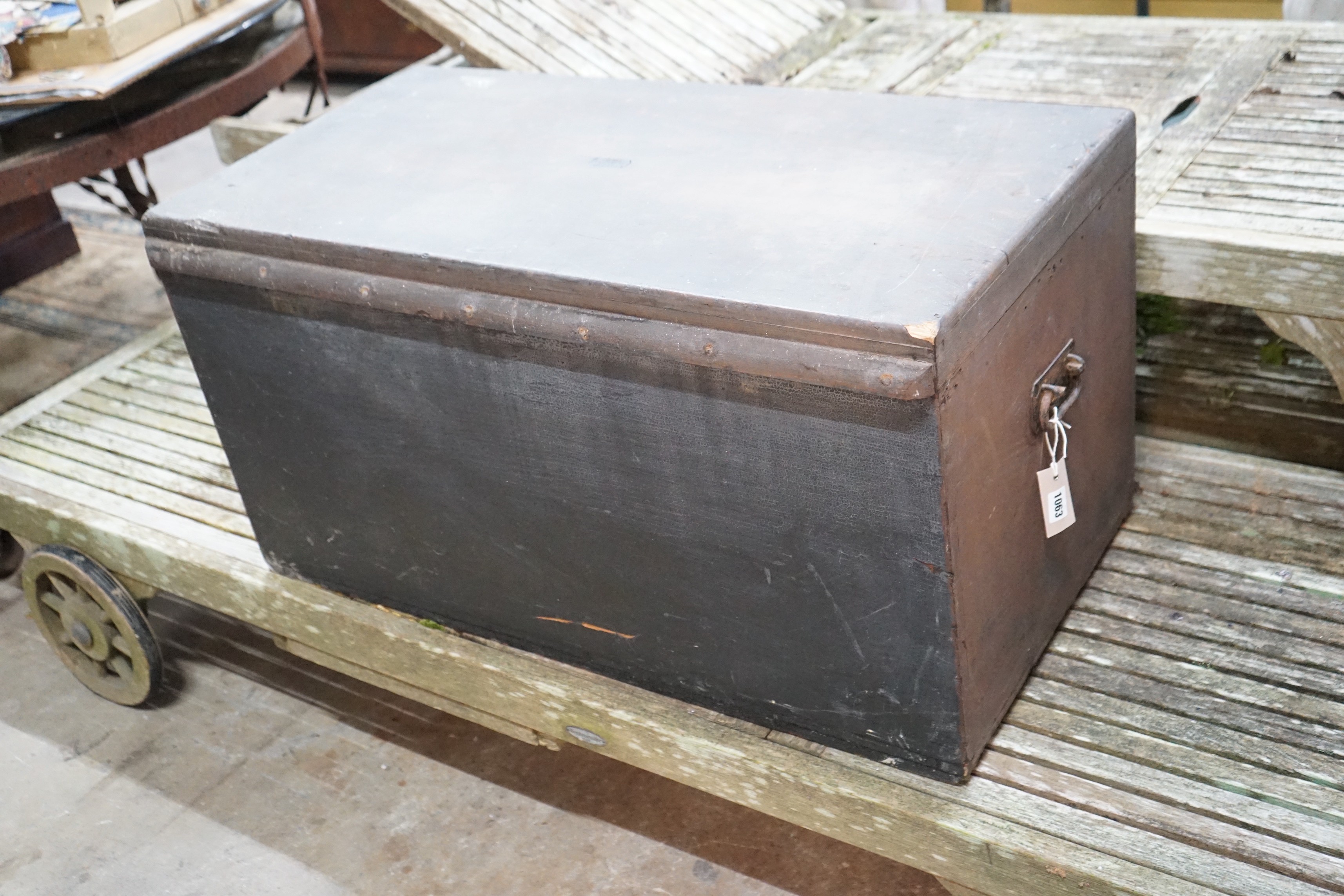 A Victorian pine trunk, length 91cm, depth 47cm, height 47cm